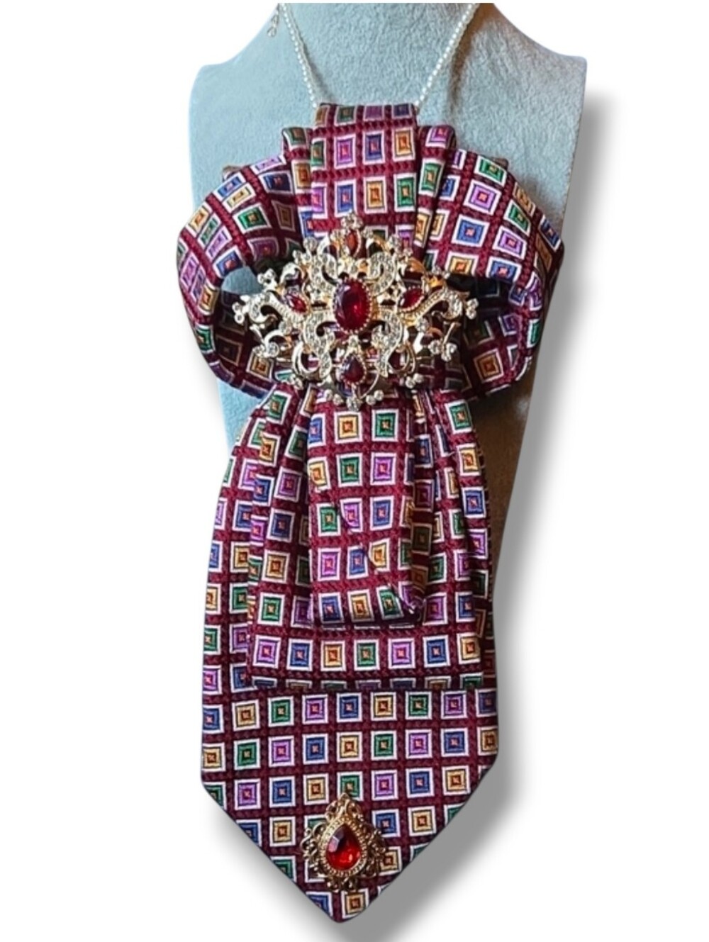 3/$60 Multicolor Geometric Silk Cravat with Ornate Red Jewel Brooch